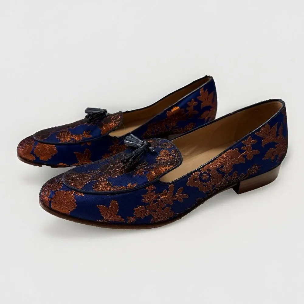 J. Crew Navy & Copper Orange Metallic Jacquard Tasseled Leather Sole Loafer Sz 7